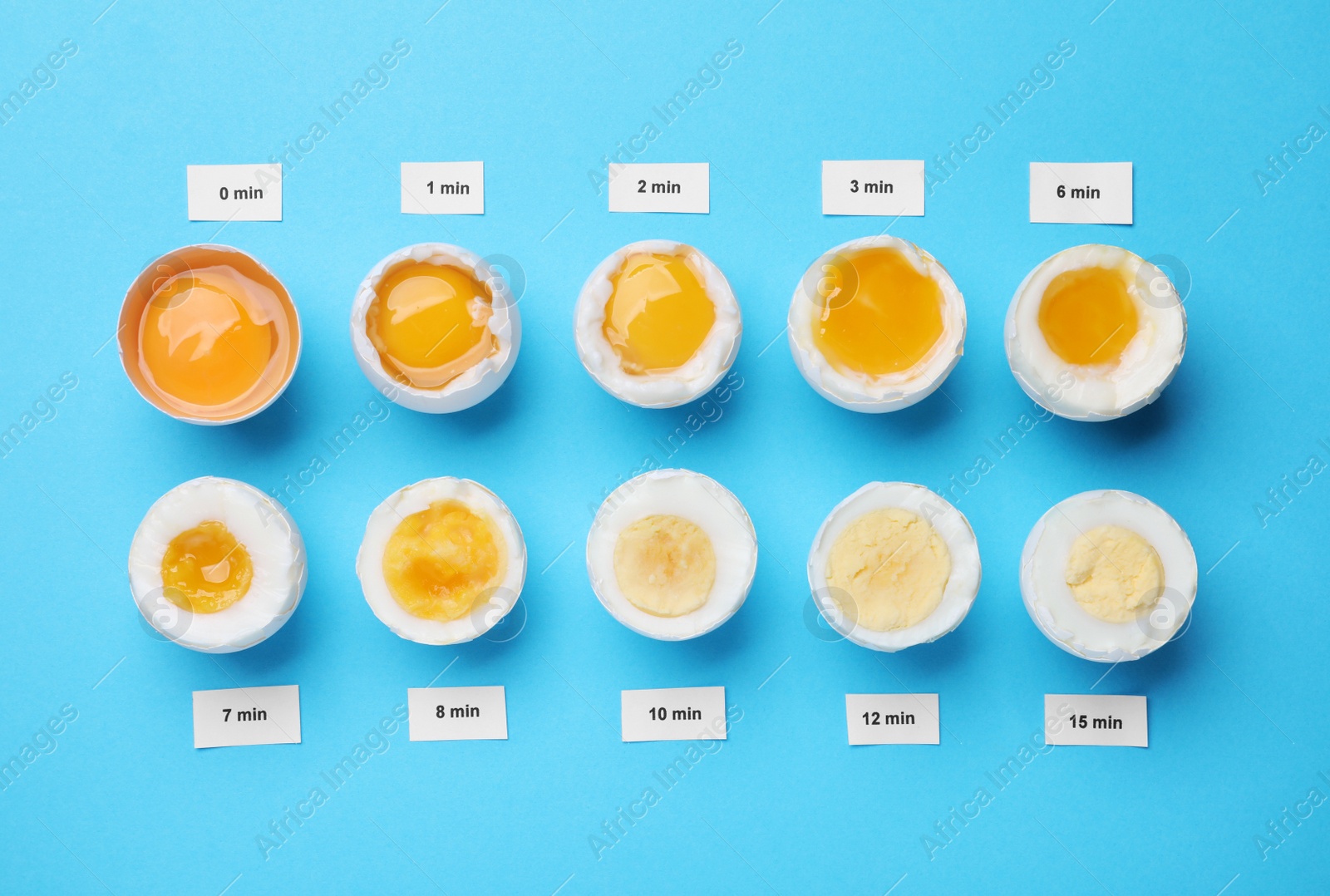 Photo of Different cooking time and readiness stages of boiled chicken eggs on light blue background, flat lay
