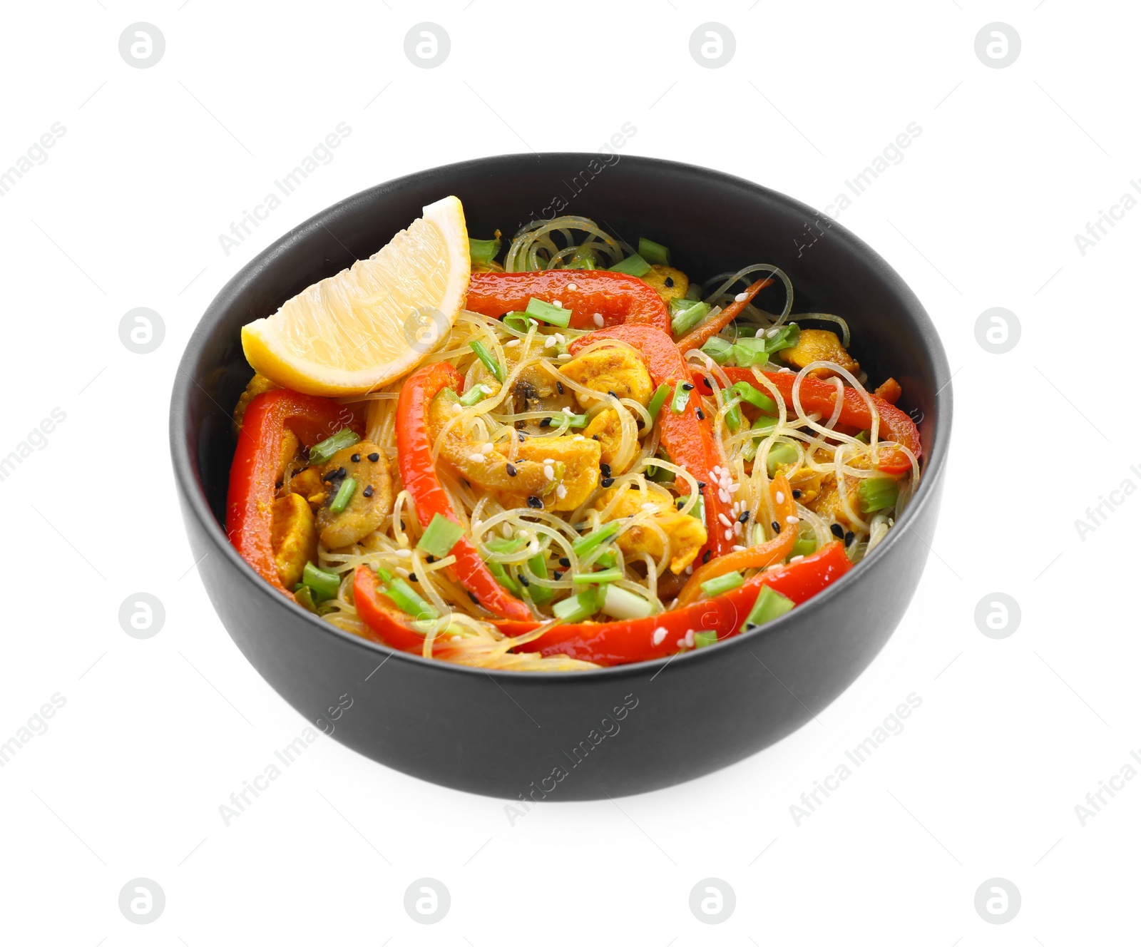 Photo of Stir-fry. Delicious cooked noodles with chicken and vegetables in bowl isolated on white