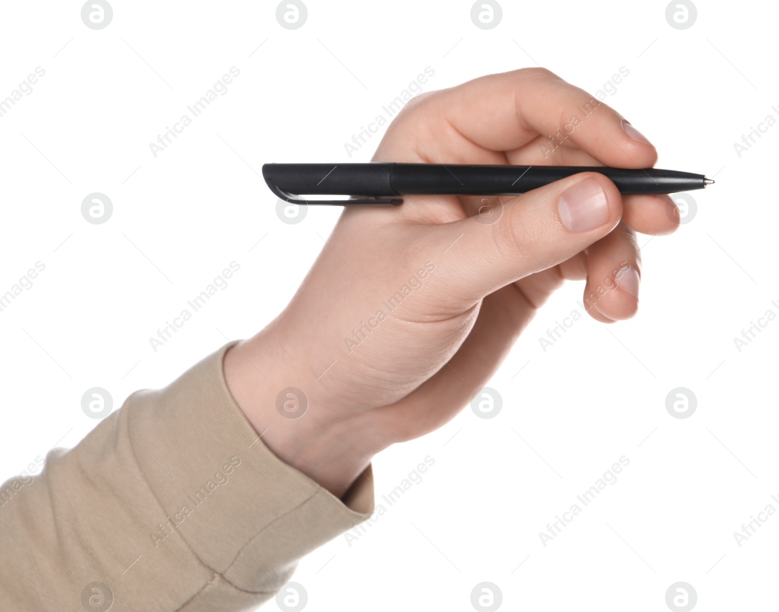 Photo of Man holding pen on white background, closeup of hand