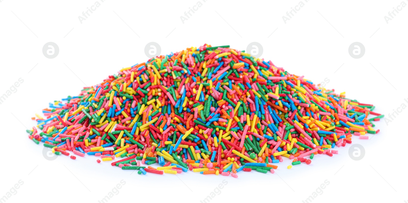 Photo of Pile of colorful sprinkles on white background. Confectionery decor