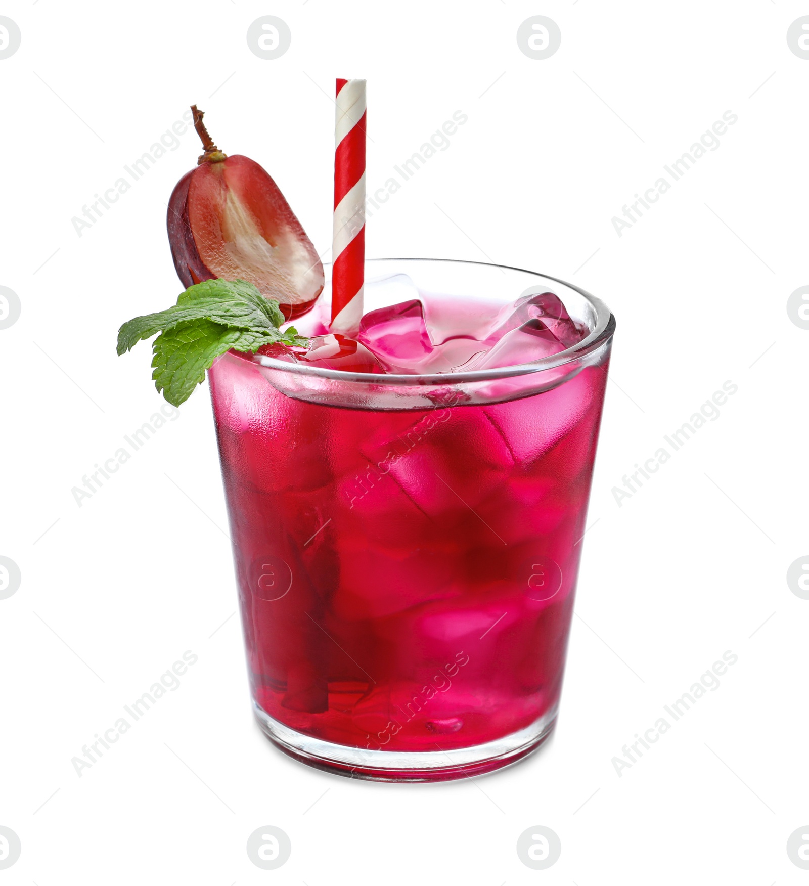 Photo of Delicious grape soda water isolated on white. Refreshing drink