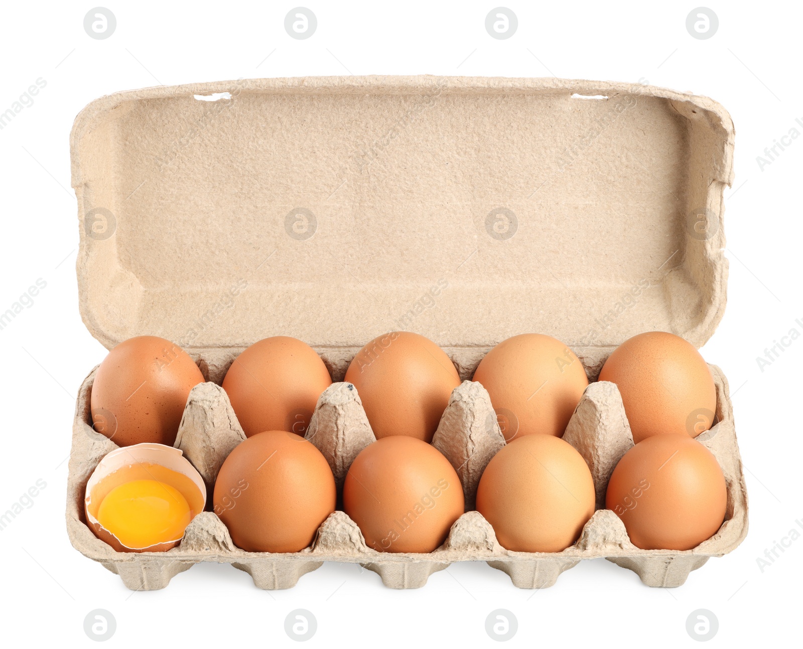 Photo of Chicken eggs in carton isolated on white