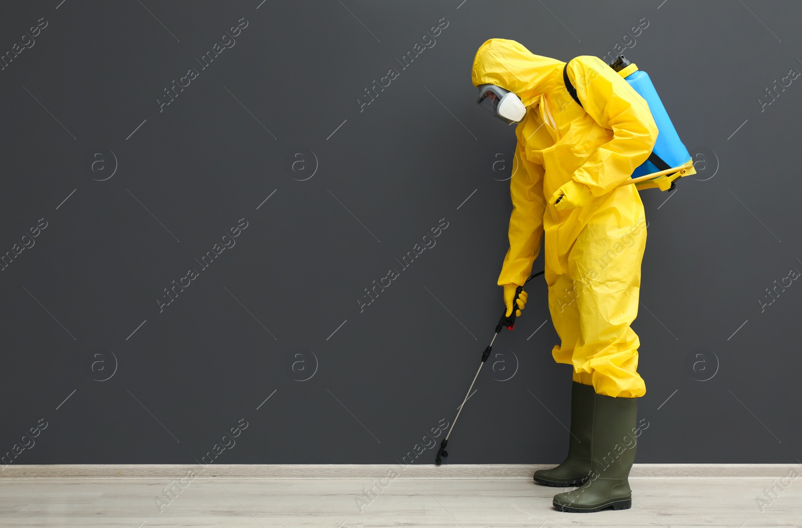 Photo of Pest control worker in protective suit spraying pesticide near black wall indoors. Space for text