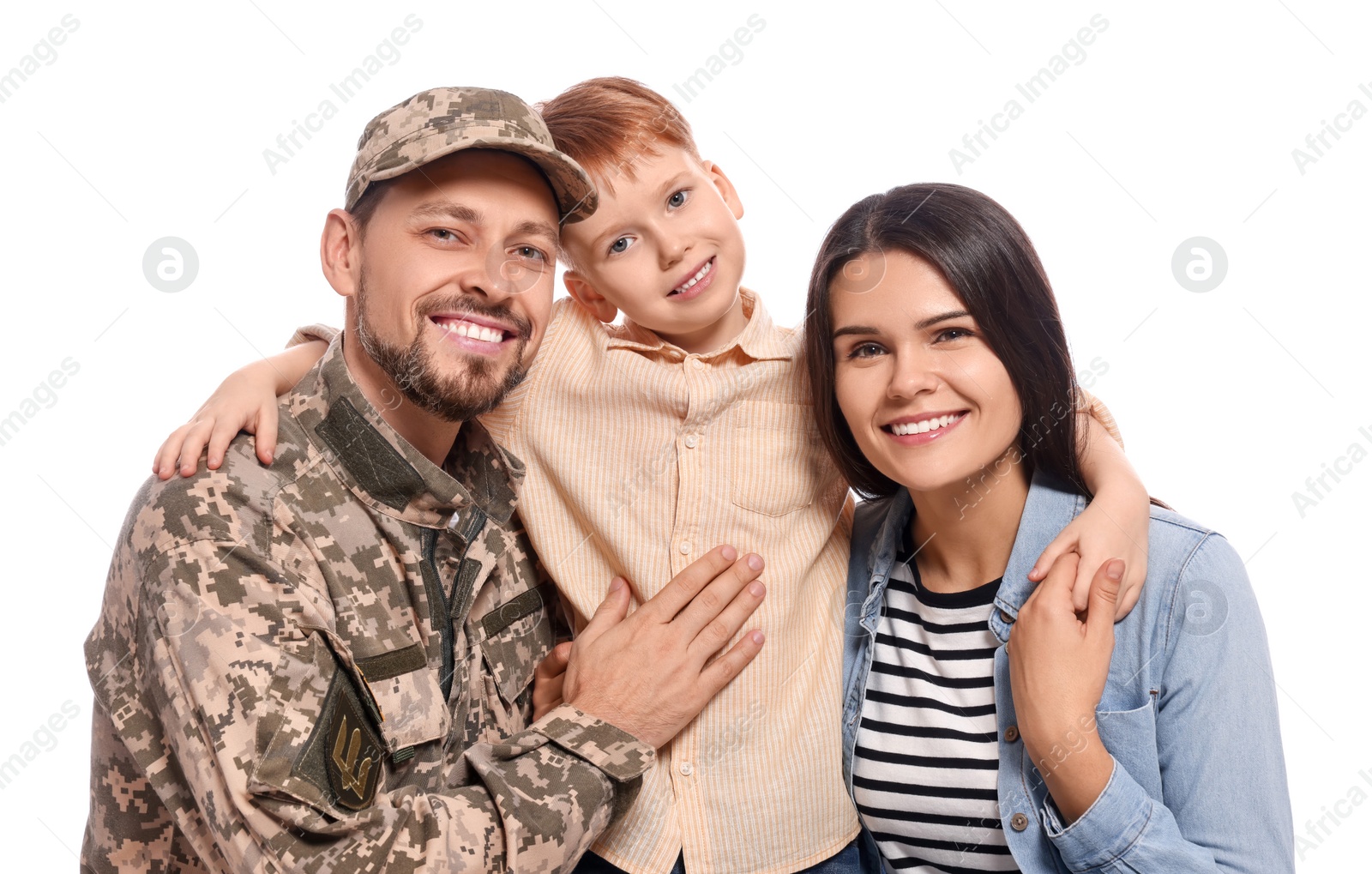 Photo of Ukrainian defender in military uniform with his family on white background