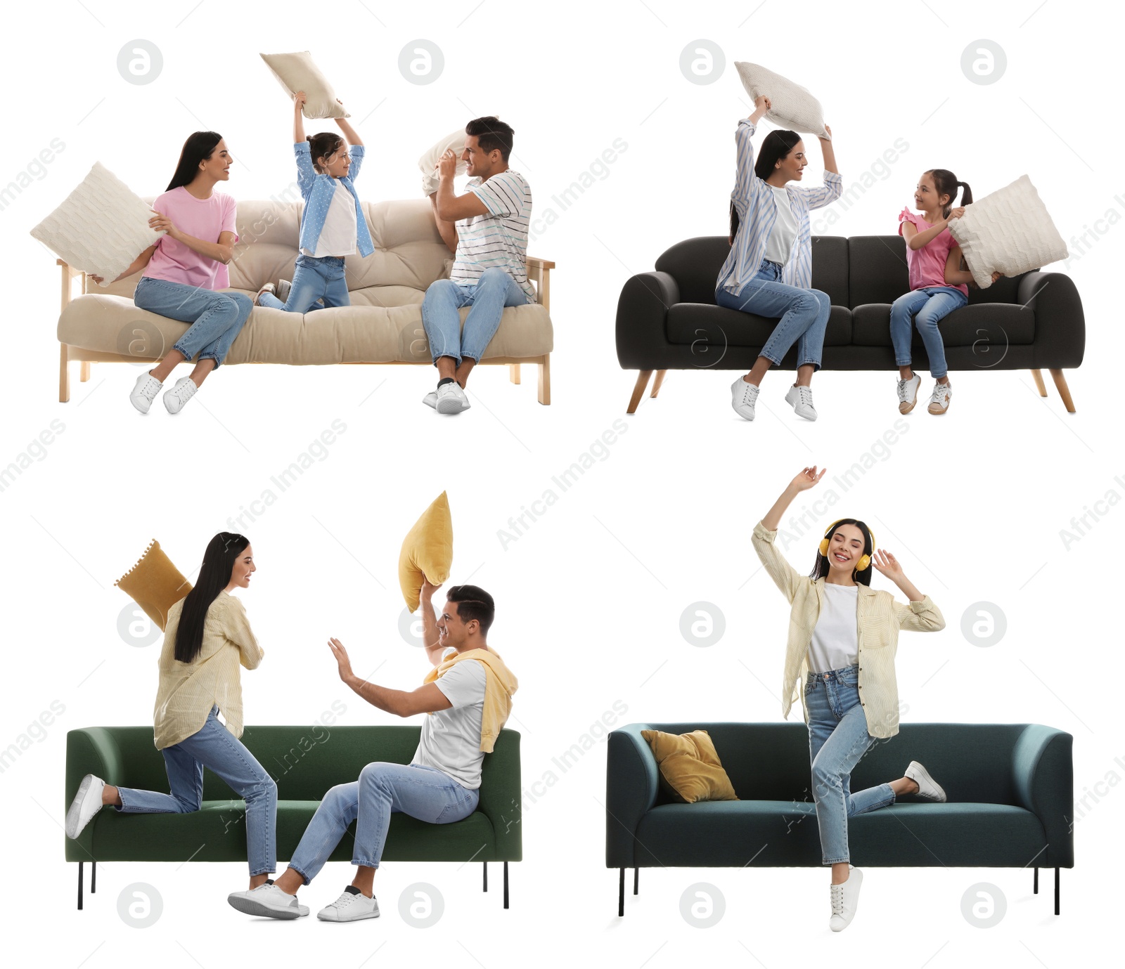 Image of People resting on different stylish sofas against white background, collage 