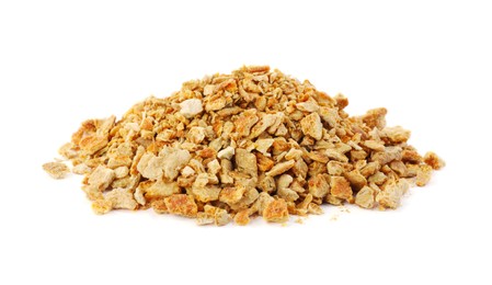 Pile of dried orange zest seasoning isolated on white