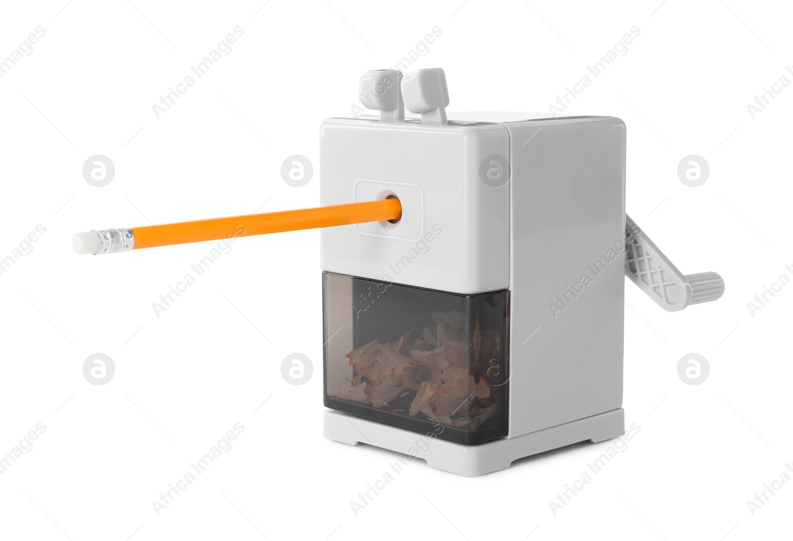 Photo of Mechanical rotary sharpener with pencil isolated on white