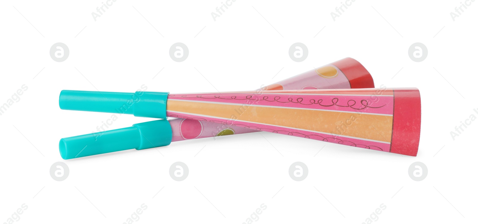 Photo of Bright party blowers on white background. Festive items