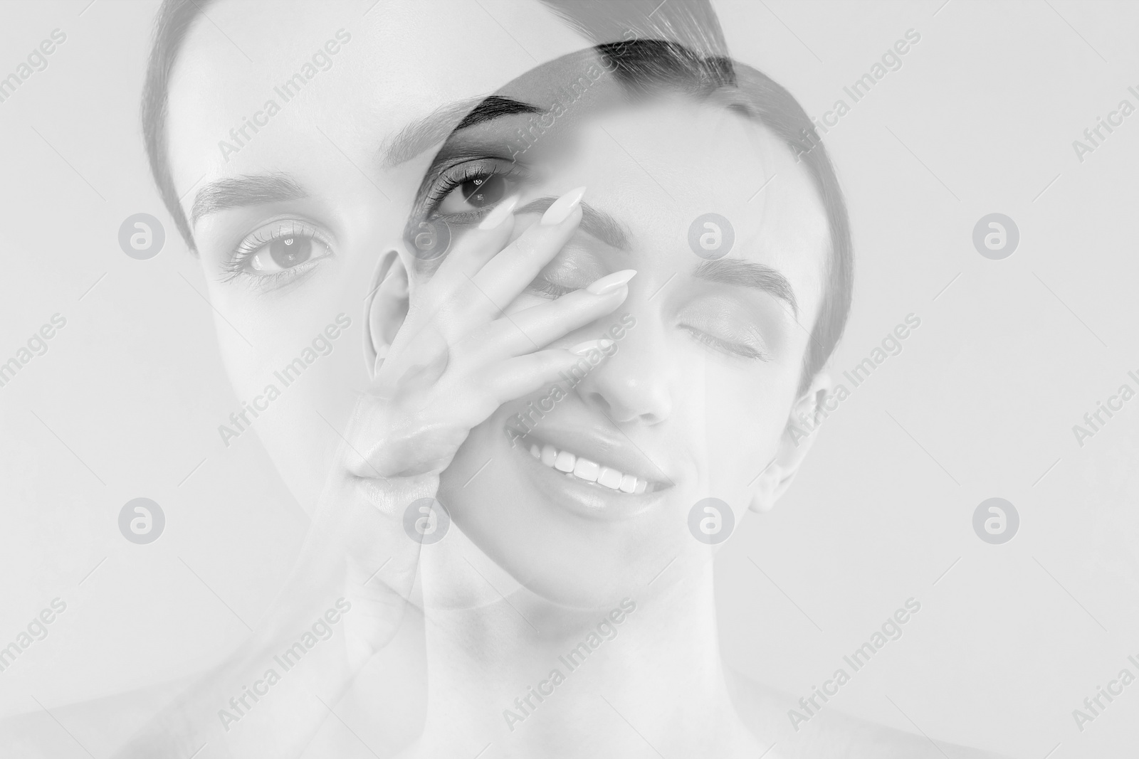 Image of Double exposure of beautiful young woman. Black and white effect