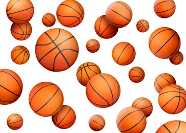 Image of Many basketball balls falling on white background