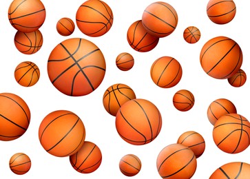 Many basketball balls falling on white background