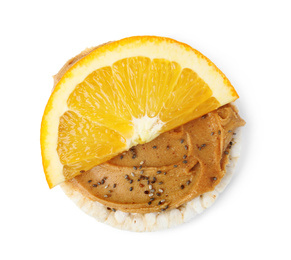 Puffed rice cake with peanut butter and orange isolated on white, top view