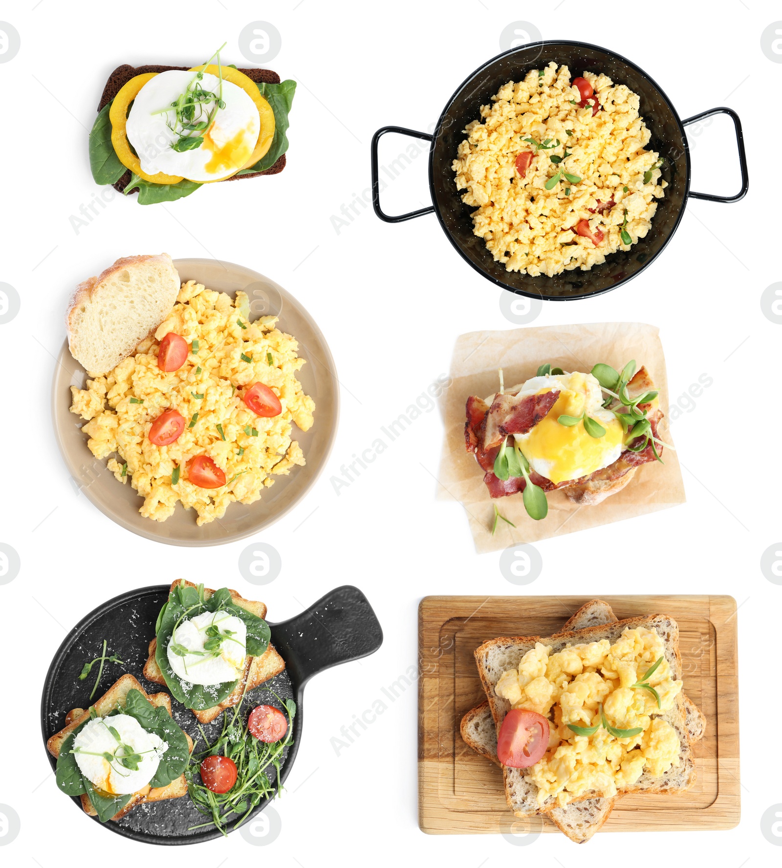 Image of Set of different egg dishes on white background, top view