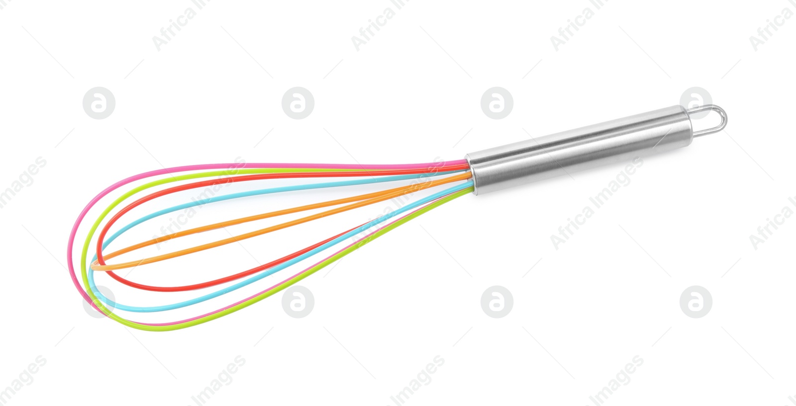 Photo of Colorful whisk isolated on white, top view. Kitchen utensil