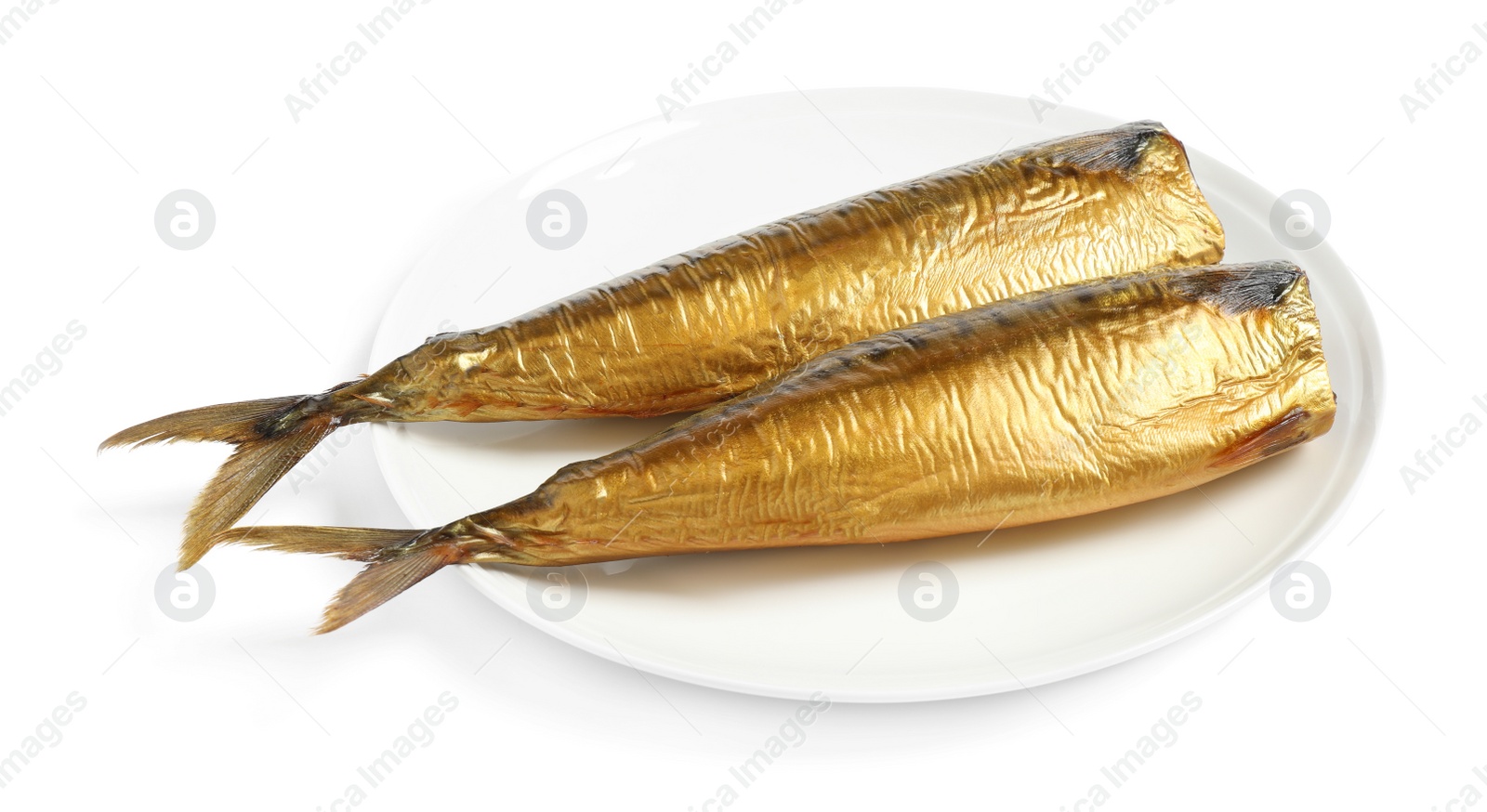 Photo of Plate with smoked fish isolated on white