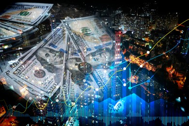 Image of Money exchange. Multiple exposure of dollar banknotes, graphs and night cityscape