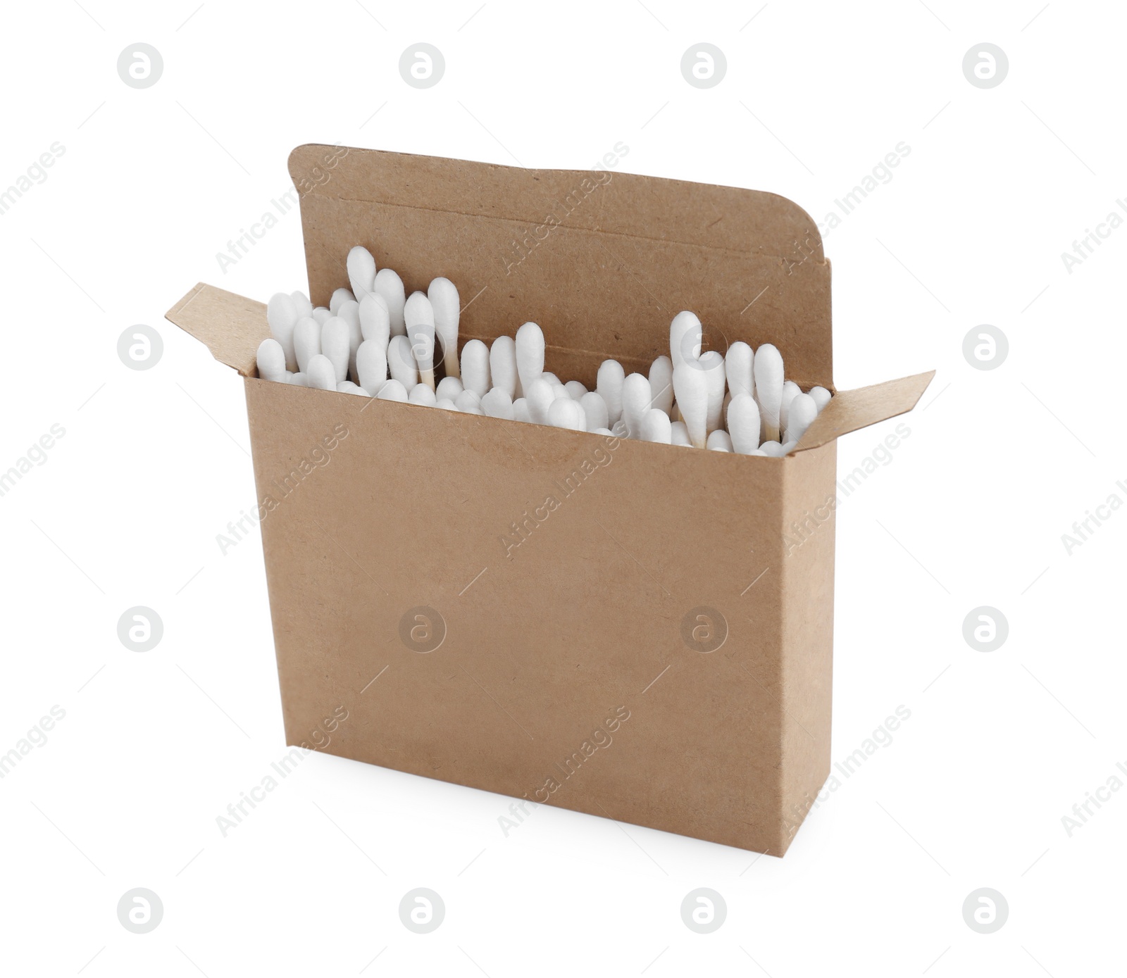 Photo of Cardboard box with cotton buds isolated on white