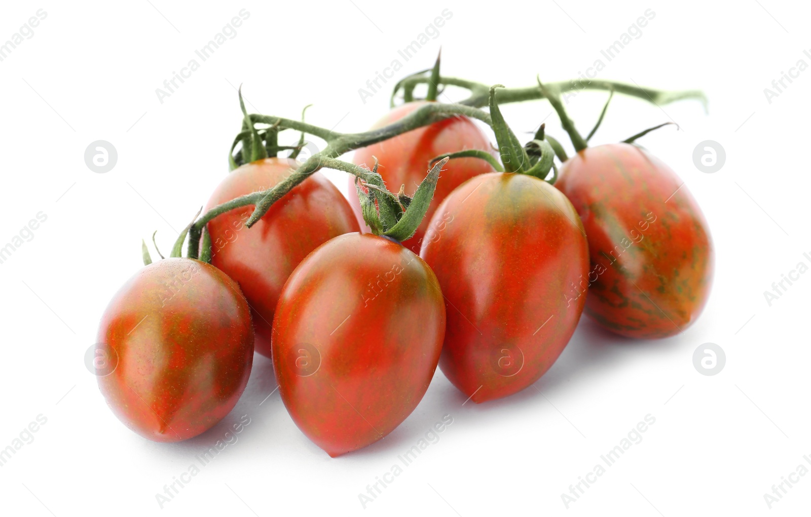 Photo of Branch of red grape tomatoes on white background