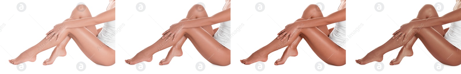 Image of Woman with beautiful legs on white background, closeup. Collage of photos showing stages of suntanning