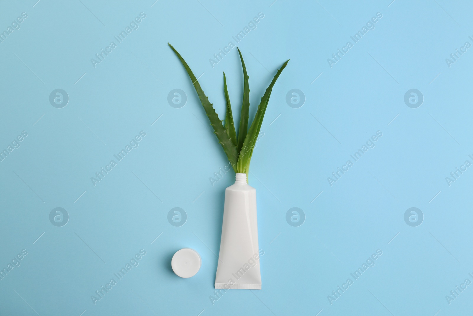 Photo of Tube of toothpaste and fresh aloe on light blue background, flat lay