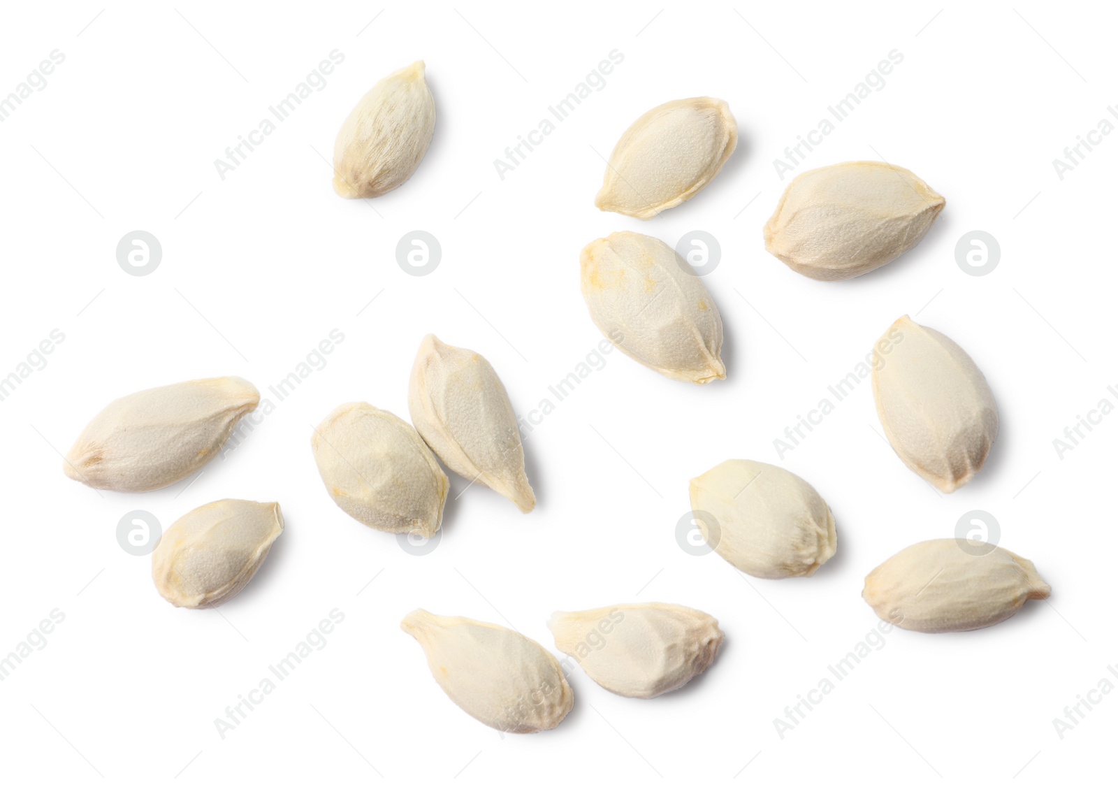 Photo of Many seeds of tangerine isolated on white, top view