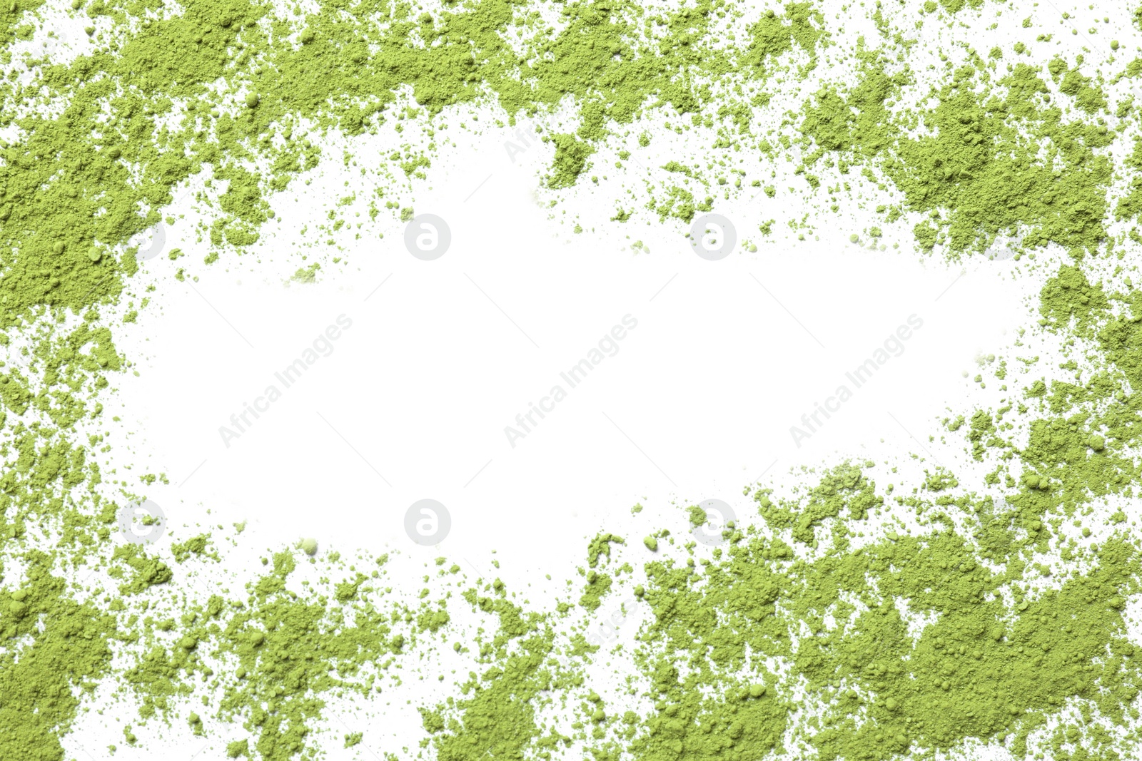 Photo of Powdered matcha green tea isolated on white, top view