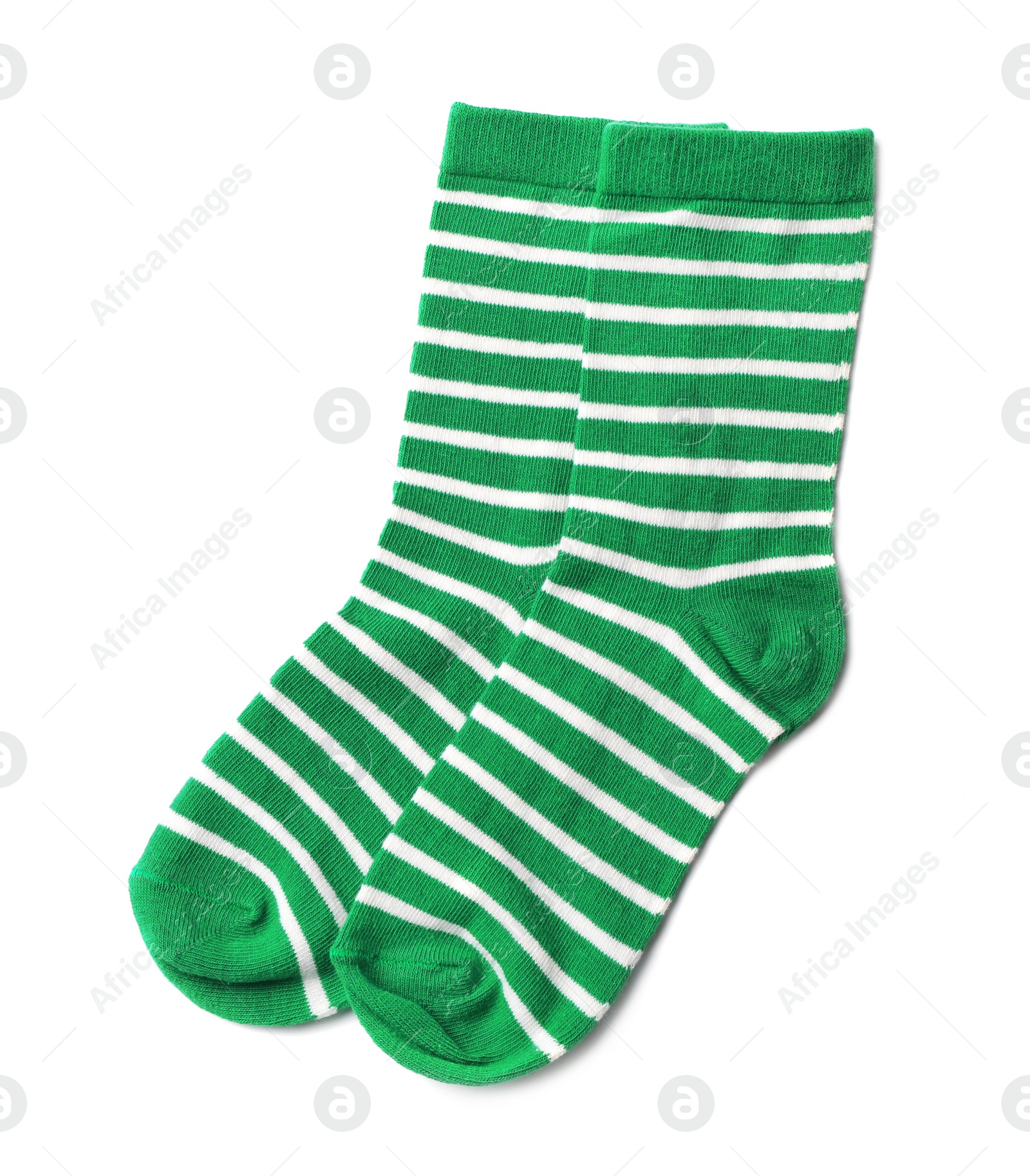 Photo of Pair of cute child socks on white background, top view
