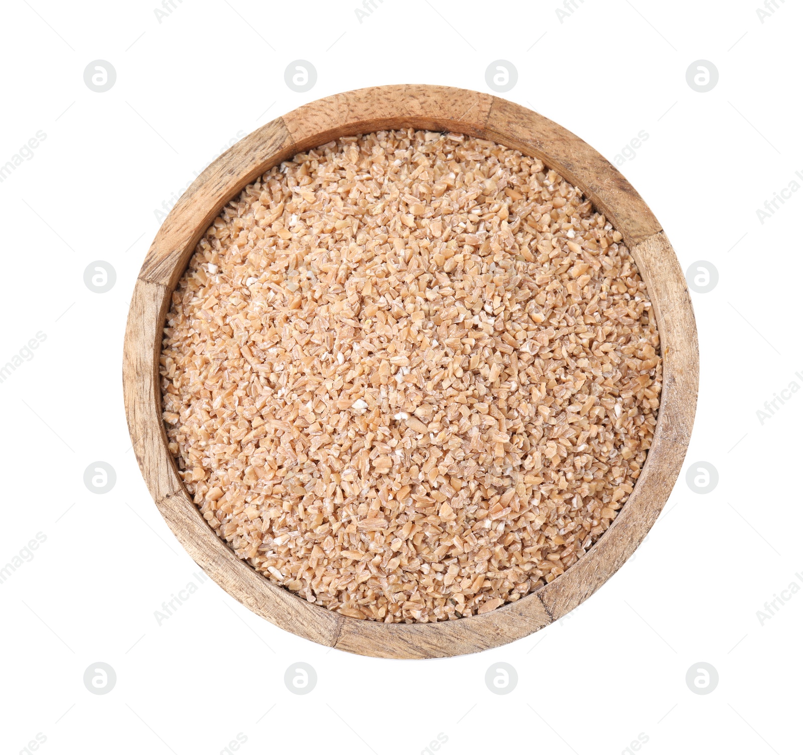 Photo of Dry wheat groats in bowl isolated on white, top view