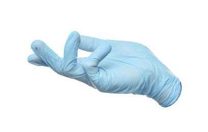 One light blue medical glove isolated on white