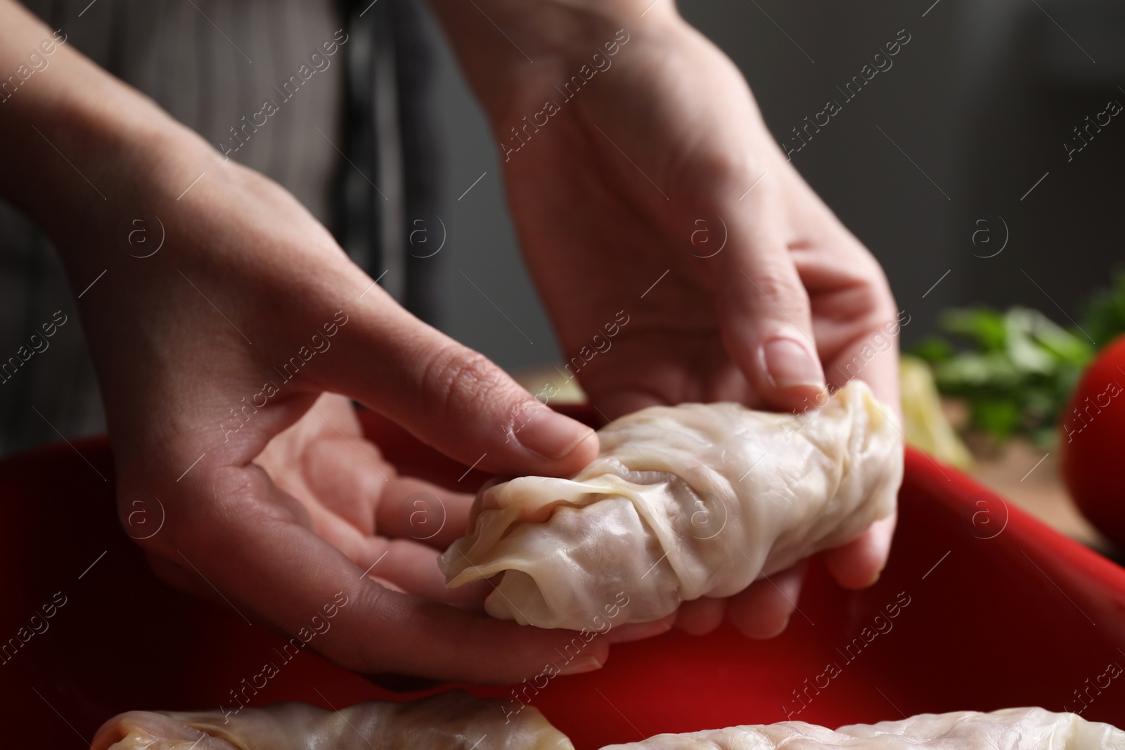 Photo of Woman putting uncooked stuffed cabbage roll into baking dish at table, closeup