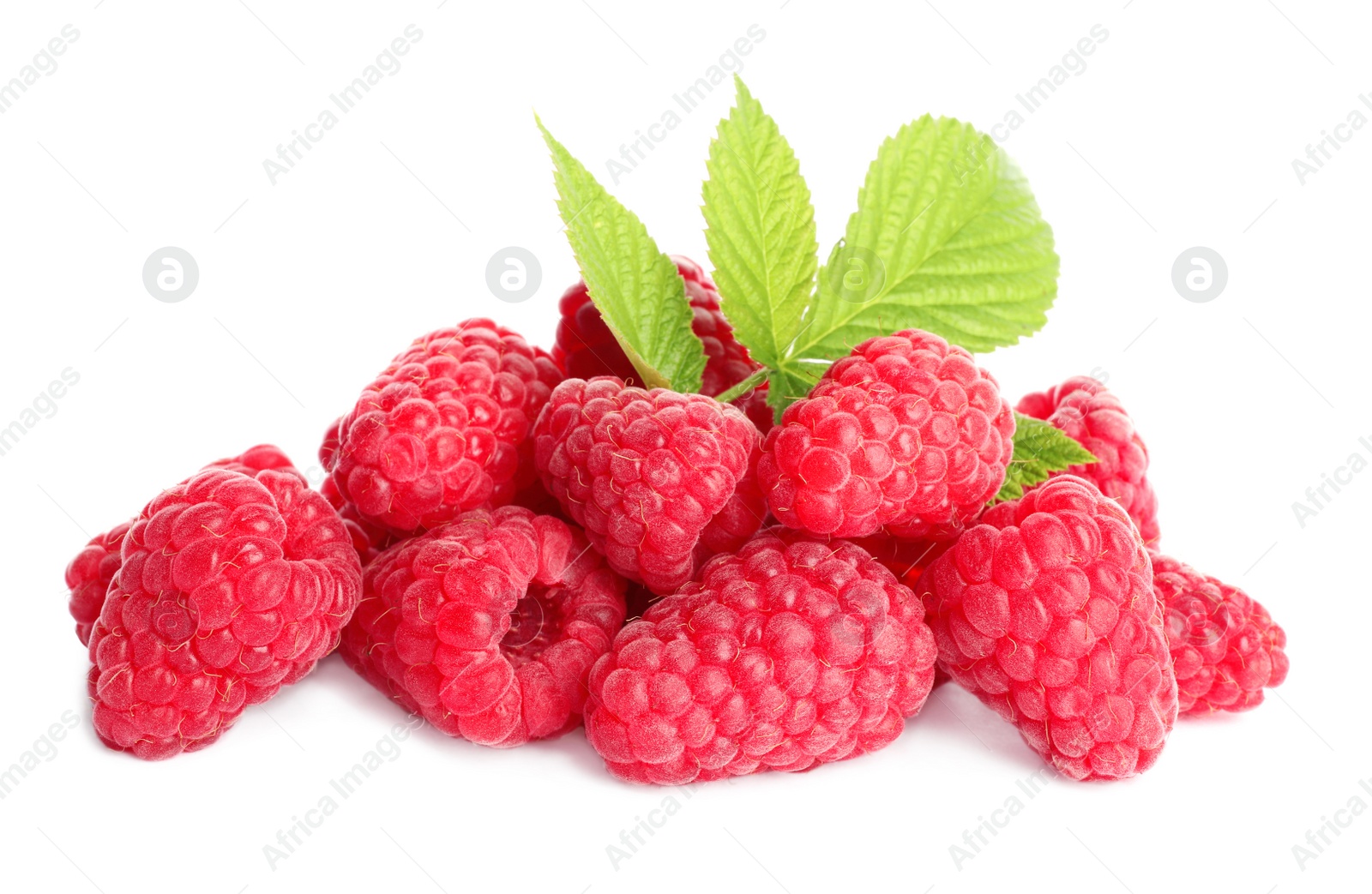 Photo of Delicious ripe sweet raspberries with leaves isolated on white