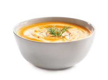 Photo of Delicious pumpkin cream soup in bowl on white background