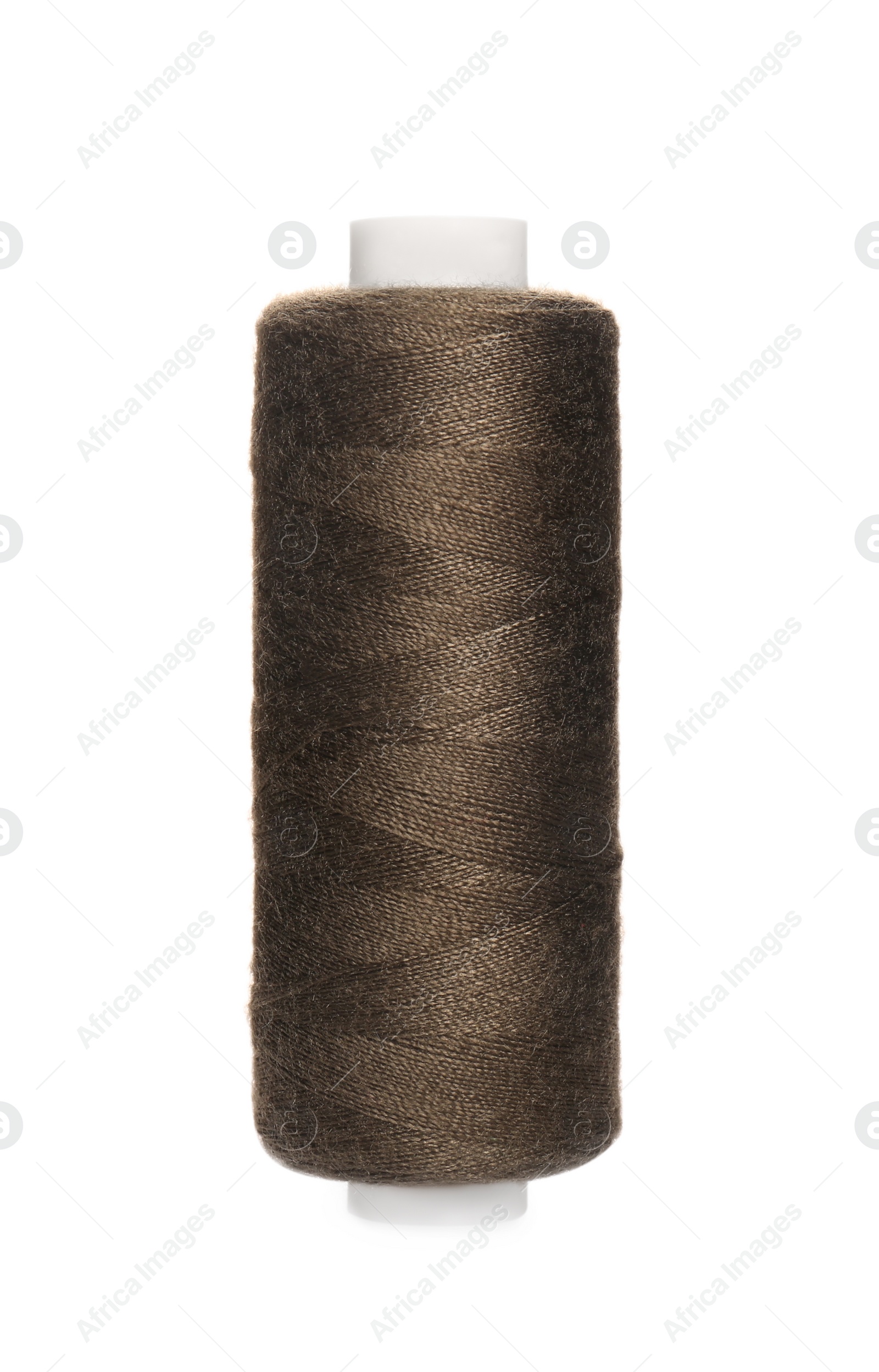 Photo of Spool of dark grey sewing thread isolated on white