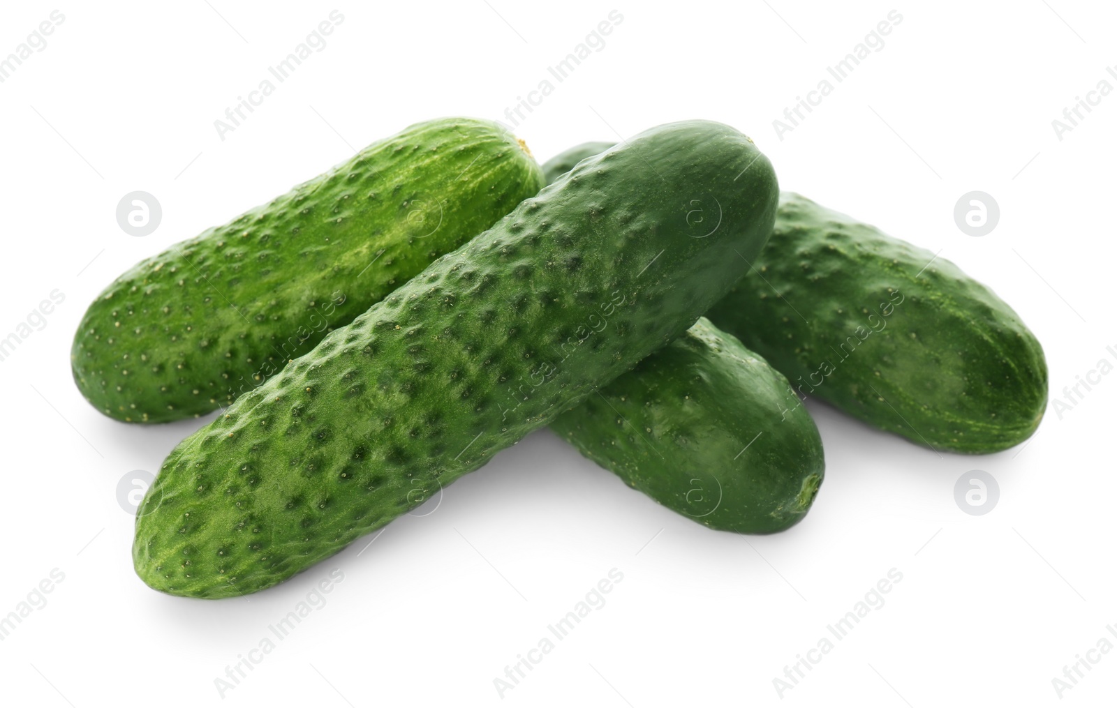 Photo of Whole fresh green cucumbers on white background