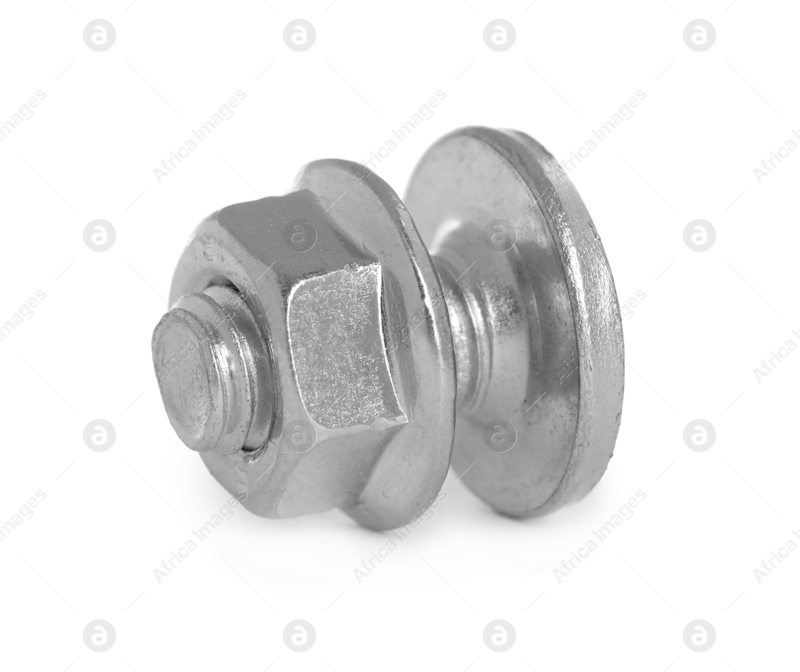 Photo of Small metal bolt with flange nut isolated on white