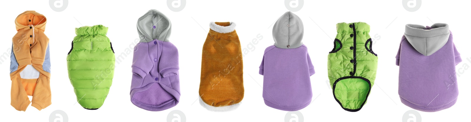 Image of Stylish dog clothes on white background, collage. Banner design