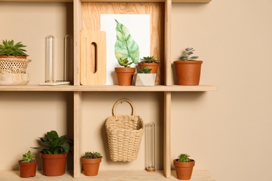 Photo of Wooden shelves with different decorative elements on beige wall