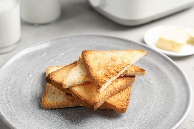 Plate with toasted bread on table, closeup