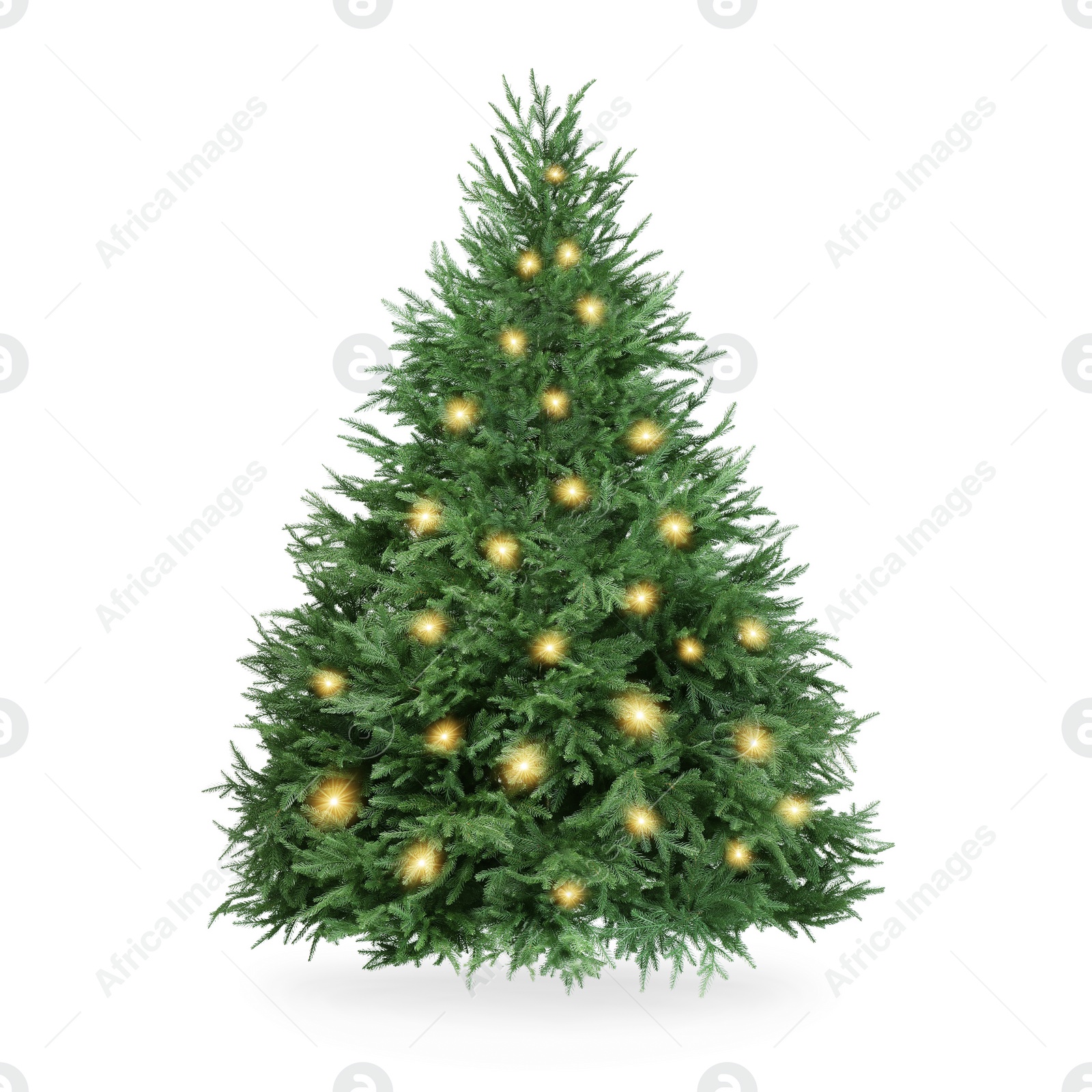 Image of Christmas tree decorated and festive lights isolated on white