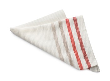 Photo of Striped kitchen towel isolated on white, top view