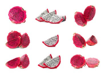 Image of Set with delicious pink dragon fruits (pitahaya) on white background