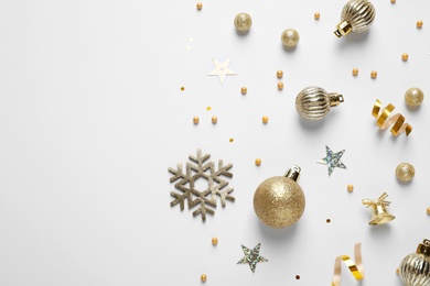 Photo of Flat lay composition with Christmas decorations on white background