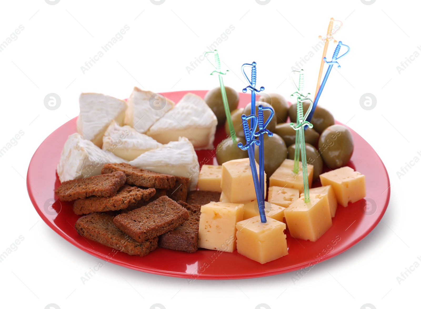 Photo of Toothpick appetizers. Tasty cheese, olives and croutons on white background