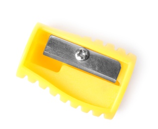 Bright yellow pencil sharpener isolated on white, top view. School stationery