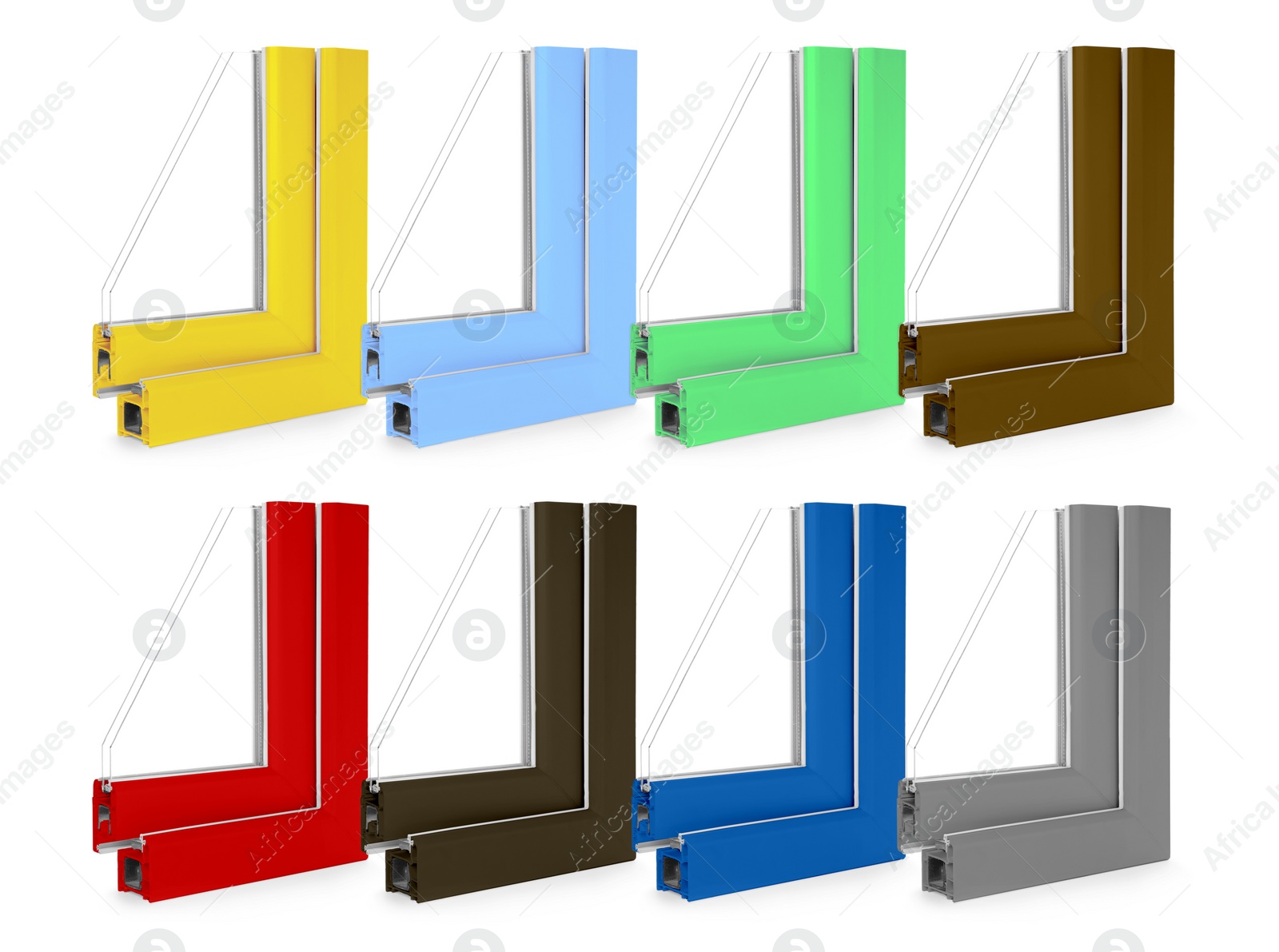 Image of Set with samples of modern window profile in different colors on white background