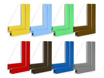 Image of Set with samples of modern window profile in different colors on white background