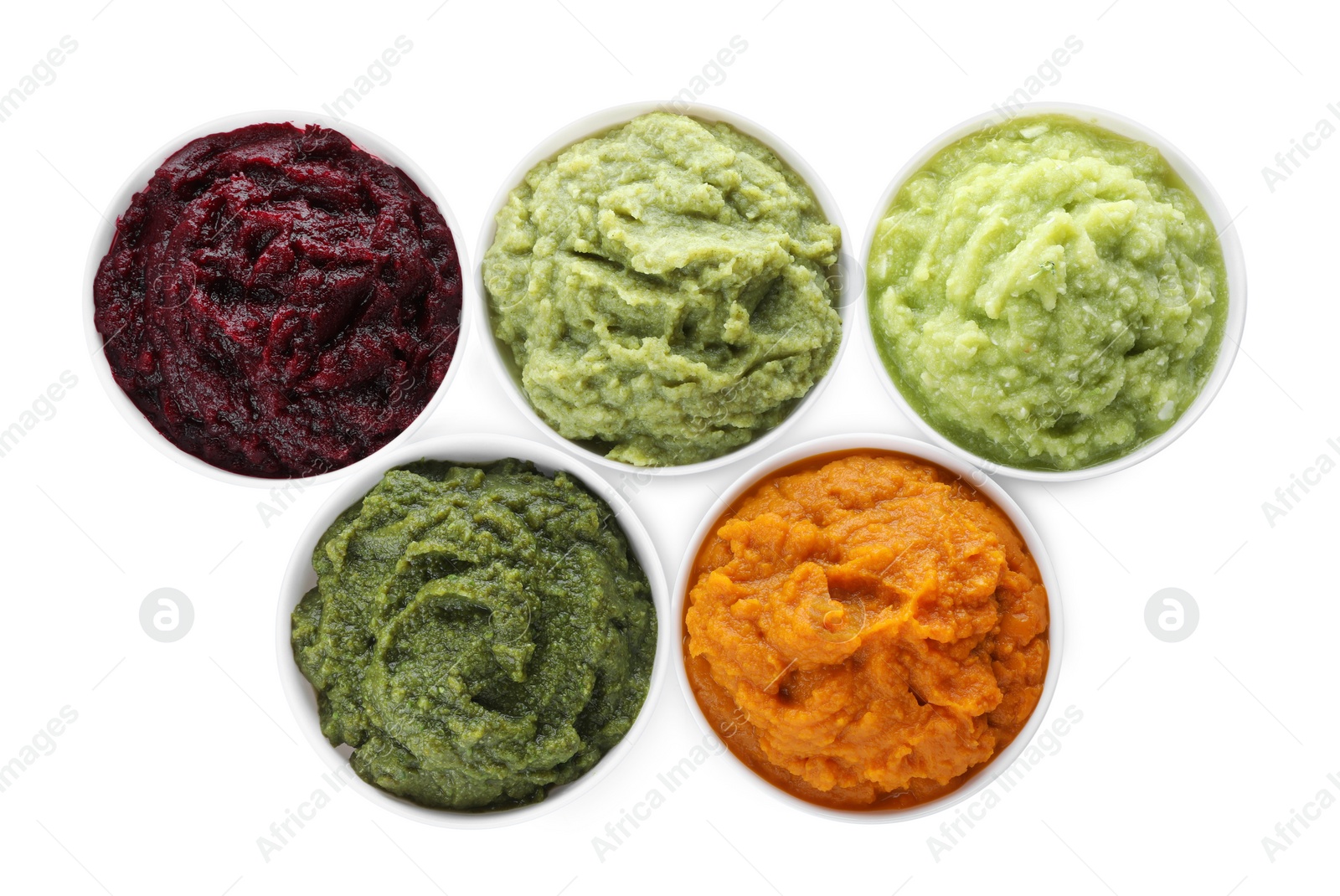 Photo of Different delicious puree in bowls on white background, top view. Healthy food