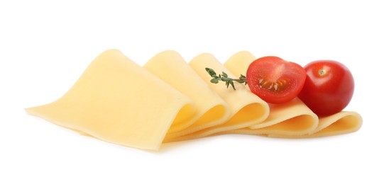 Photo of Slices of tasty fresh cheese, thyme and tomatoes isolated on white