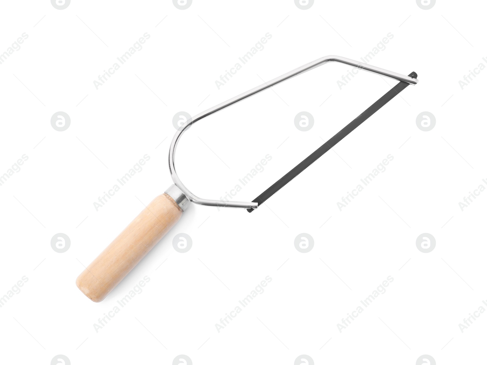 Photo of Modern coping saw isolated on white, top view. Carpenter tool