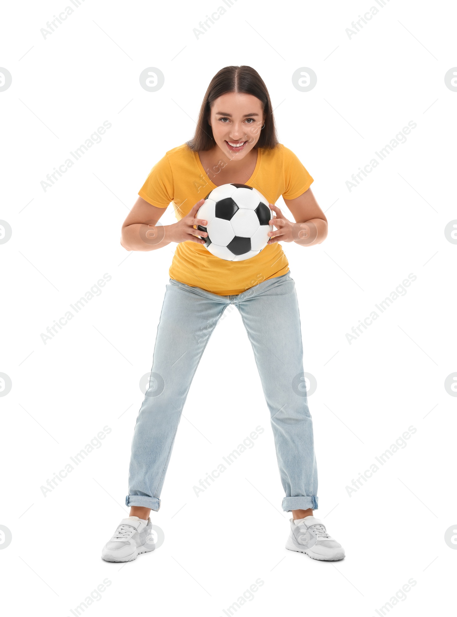 Photo of Happy fan with soccer ball isolated on white